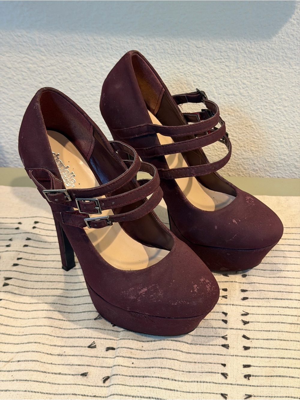 Charlotte Russe Triple-Strap Platform Pumps - Burgundy